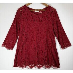 Mos Mosh Blouse Womens Large Red Pascale Lace Floral Sheer 3/4 Sleeve Portugal